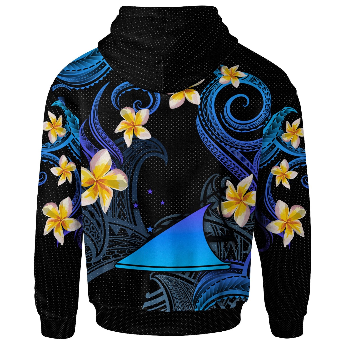 Tokelau Hoodie - Custom Personalised Polynesian Waves with Plumeria Flowers (Blue)
