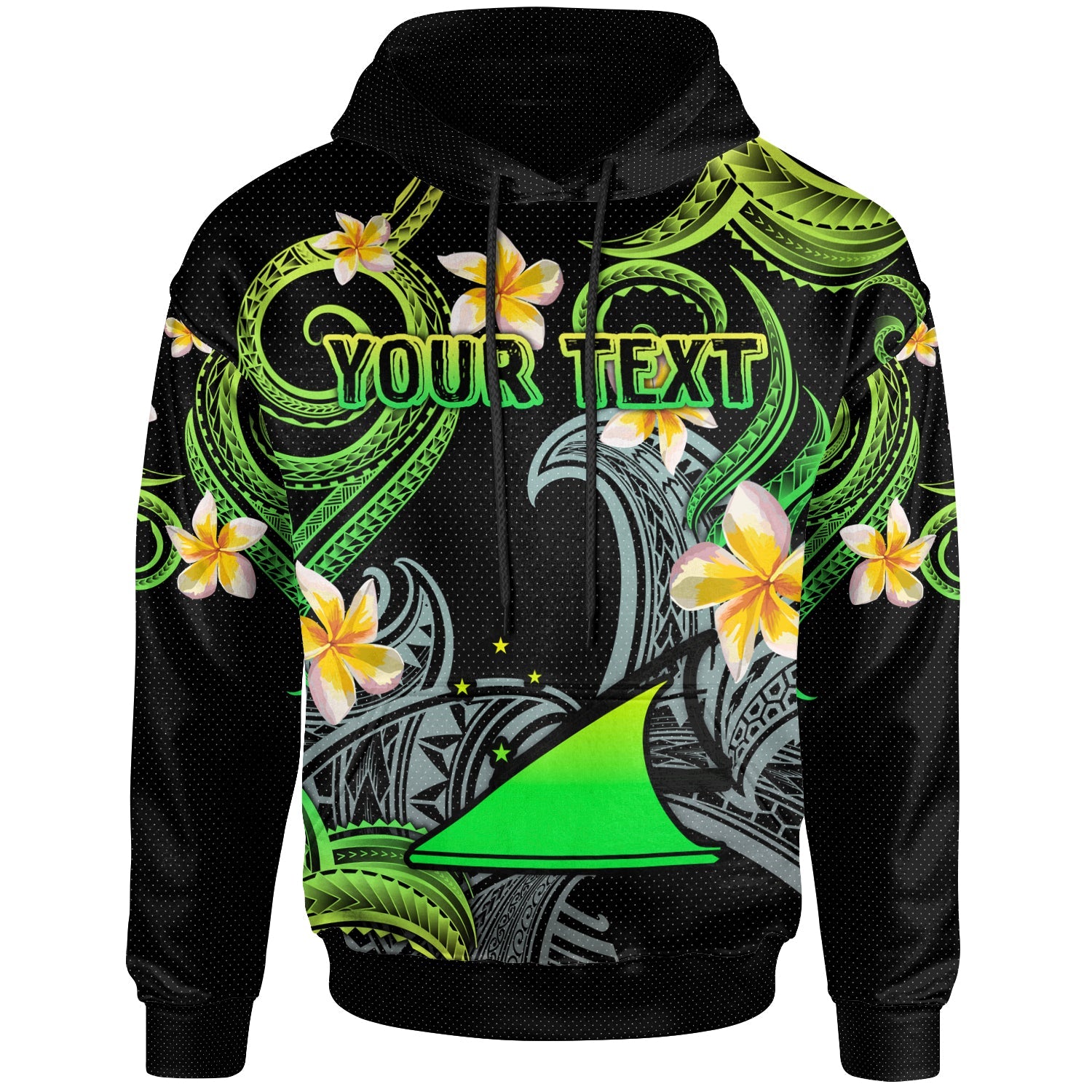 Tokelau Hoodie - Custom Personalised Polynesian Waves with Plumeria Flowers (Green)