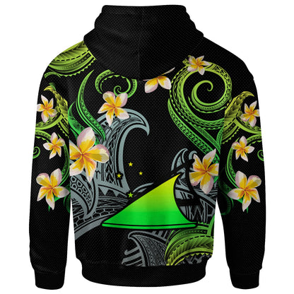 Tokelau Hoodie - Custom Personalised Polynesian Waves with Plumeria Flowers (Green)