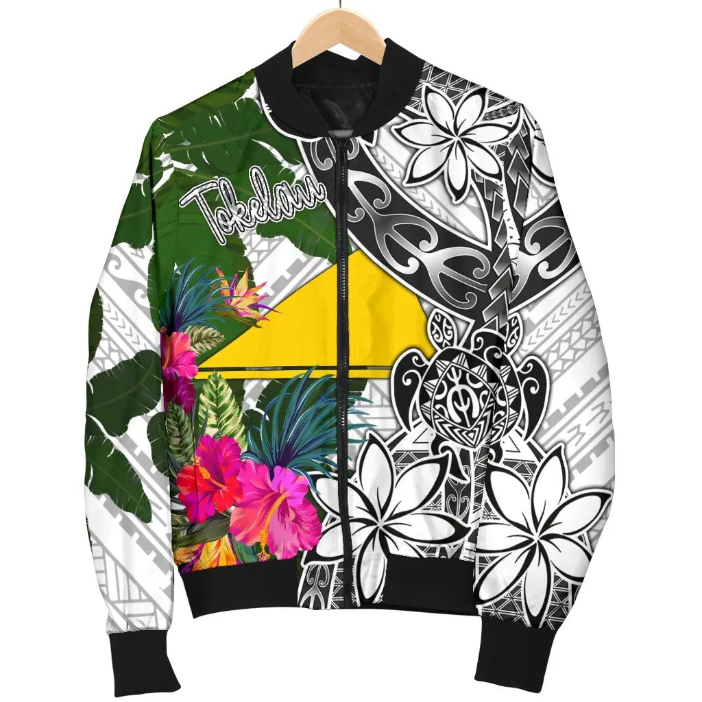 Tokelau Bomber Jacket White - Turtle Plumeria Banana Leaf