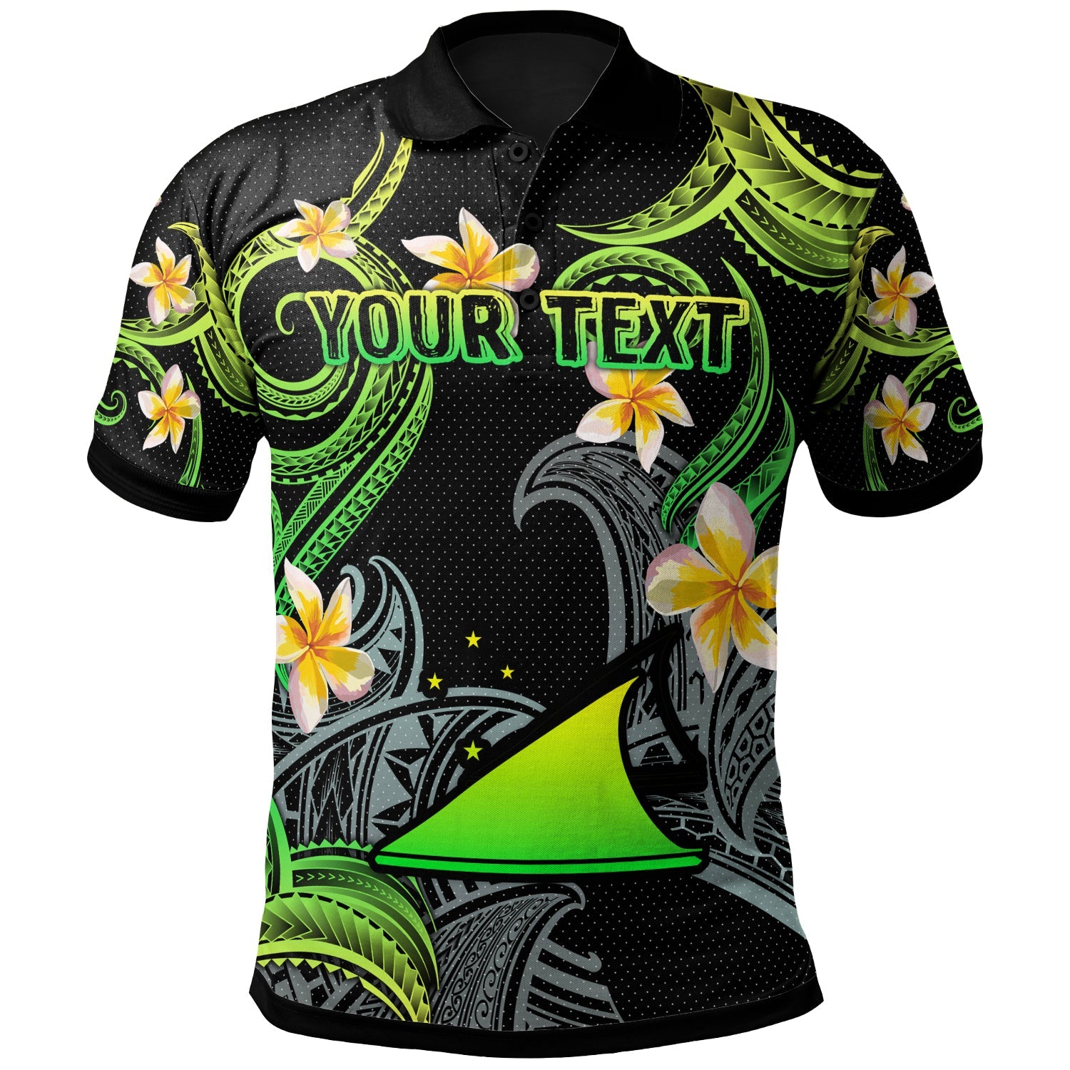 Tokelau Polo Shirt - Custom Personalised Polynesian Waves with Plumeria Flowers (Green)