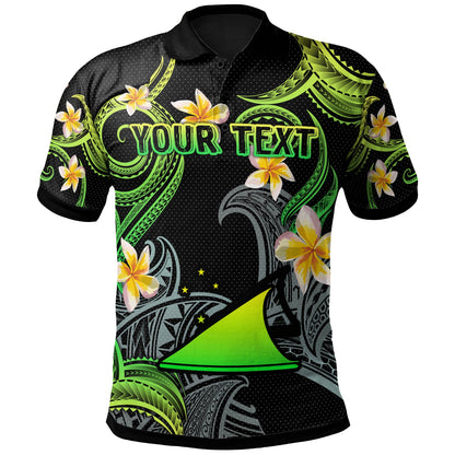 Tokelau Polo Shirt - Custom Personalised Polynesian Waves with Plumeria Flowers (Green)