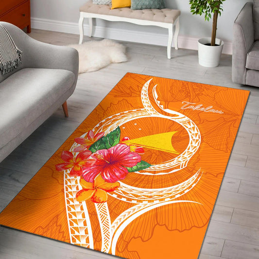 Tokelau Polynesian Area Rug - Orange Floral With Seal