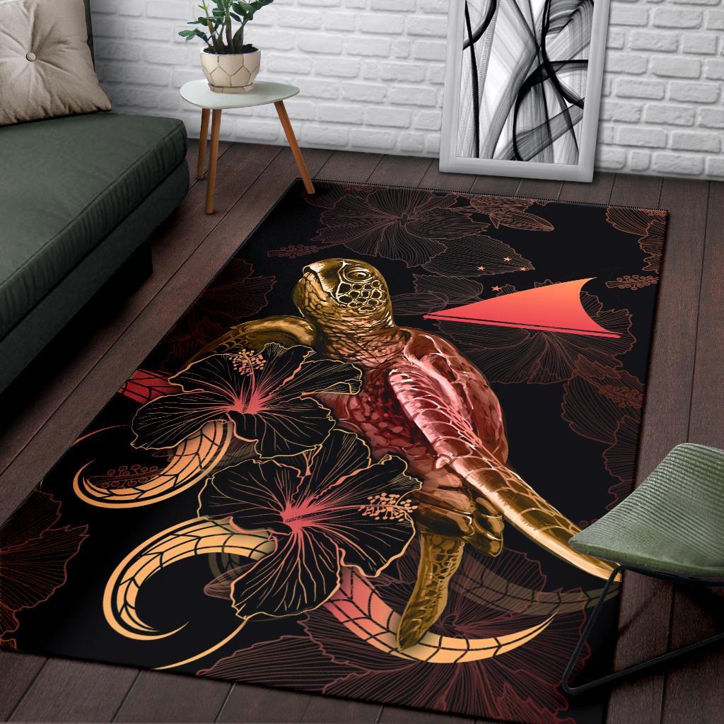 Tokelau Polynesian Area Rugs - Turtle With Blooming Hibiscus Gold