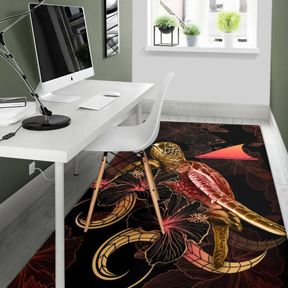 Tokelau Polynesian Area Rugs - Turtle With Blooming Hibiscus Gold