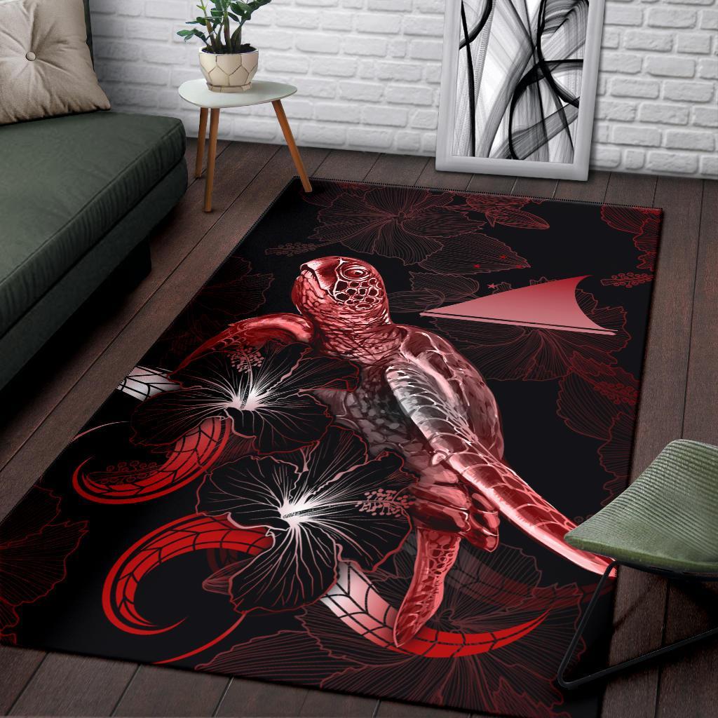 Tokelau Polynesian Area Rugs - Turtle With Blooming Hibiscus Red