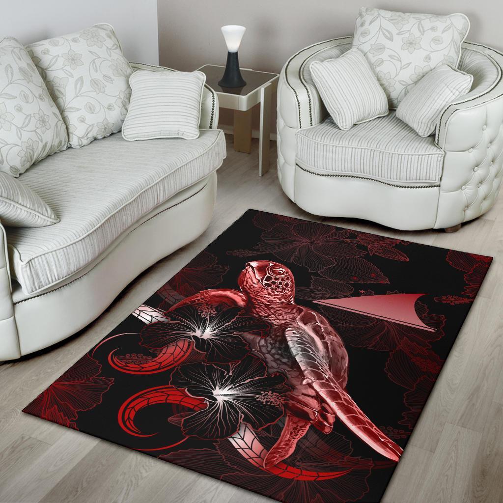 Tokelau Polynesian Area Rugs - Turtle With Blooming Hibiscus Red