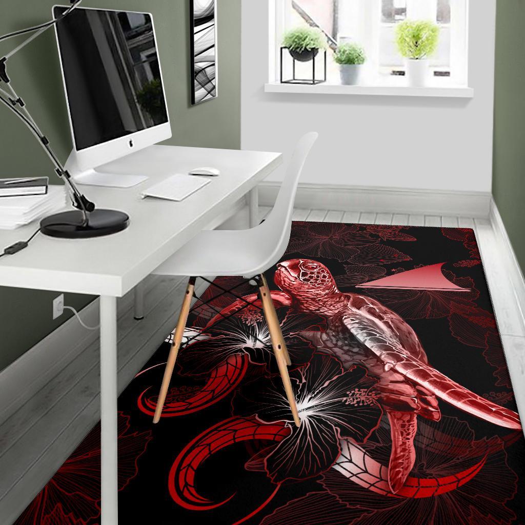 Tokelau Polynesian Area Rugs - Turtle With Blooming Hibiscus Red