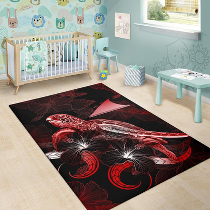 Tokelau Polynesian Area Rugs - Turtle With Blooming Hibiscus Red