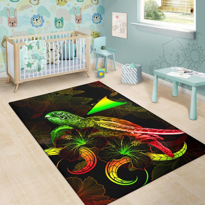 Tokelau Polynesian Area Rugs - Turtle With Blooming Hibiscus Reggae