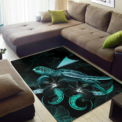Tokelau Polynesian Area Rugs - Turtle With Blooming Hibiscus Turquoise
