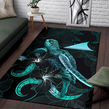 Tokelau Polynesian Area Rugs - Turtle With Blooming Hibiscus Turquoise