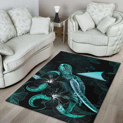 Tokelau Polynesian Area Rugs - Turtle With Blooming Hibiscus Turquoise