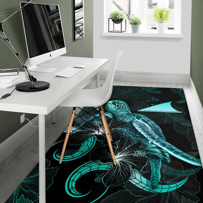 Tokelau Polynesian Area Rugs - Turtle With Blooming Hibiscus Turquoise