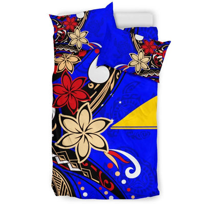 Tokelau Polynesian Bedding Set - Tribal Flower With Special Turtles Blue Color