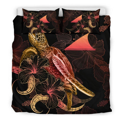 Tokelau Polynesian Bedding Set - Turtle With Blooming Hibiscus Gold