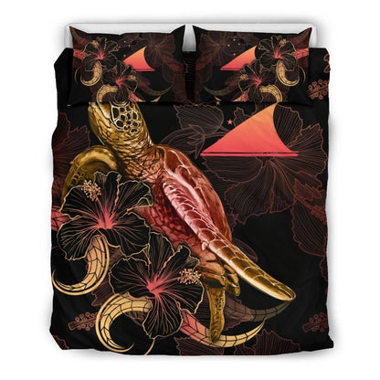 Tokelau Polynesian Bedding Set - Turtle With Blooming Hibiscus Gold