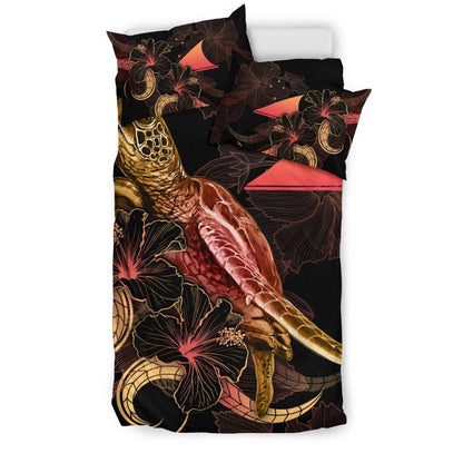 Tokelau Polynesian Bedding Set - Turtle With Blooming Hibiscus Gold