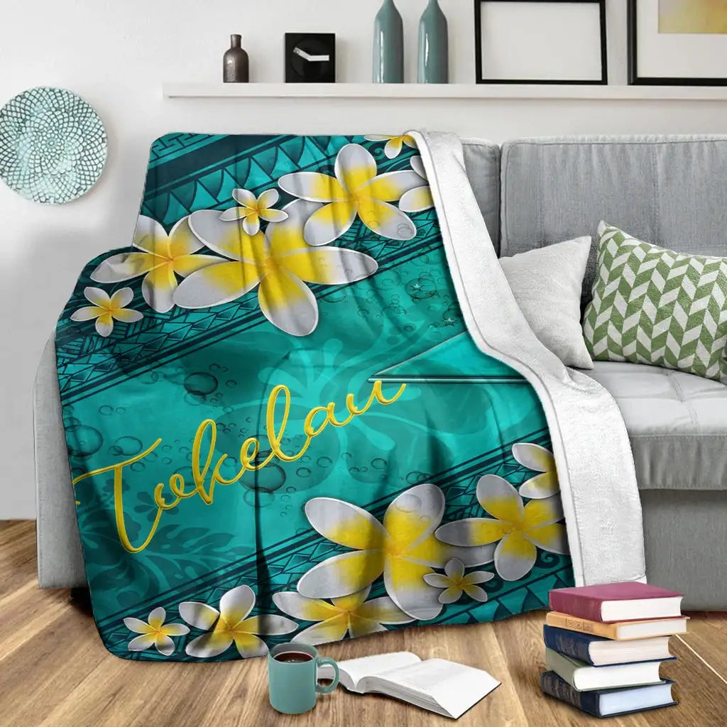 Tokelau Polynesian Blanket - Plumeria With Blue Ocean