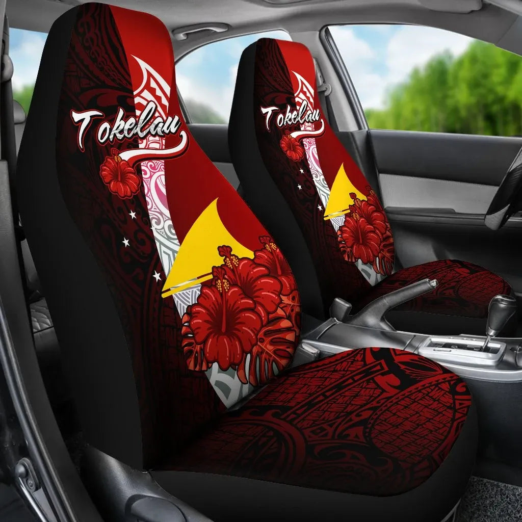Tokelau Polynesian Car Seat Covers - Coat Of Arm With Hibiscus