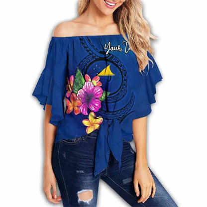 Tokelau Polynesian Custom Personalized Off Shoulder Wrap Waist Top - Floral With Seal Blue