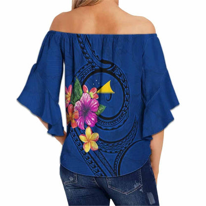 Tokelau Polynesian Custom Personalized Off Shoulder Wrap Waist Top - Floral With Seal Blue