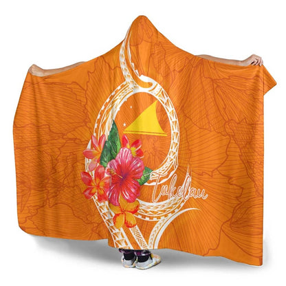 Tokelau Polynesian Hooded Blanket - Orange Floral With Seal