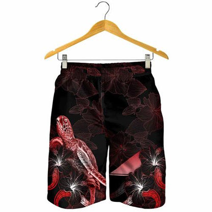 Tokelau Polynesian Men Shorts - Turtle With Blooming Hibiscus Red