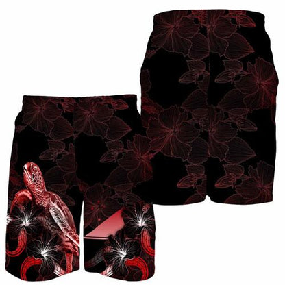 Tokelau Polynesian Men Shorts - Turtle With Blooming Hibiscus Red