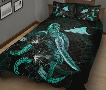 Tokelau Polynesian Quilt Bed Set - Turtle With Blooming Hibiscus Turquoise