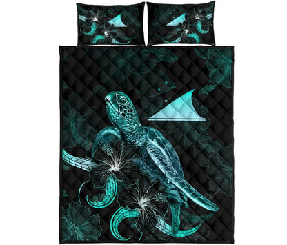 Tokelau Polynesian Quilt Bed Set - Turtle With Blooming Hibiscus Turquoise