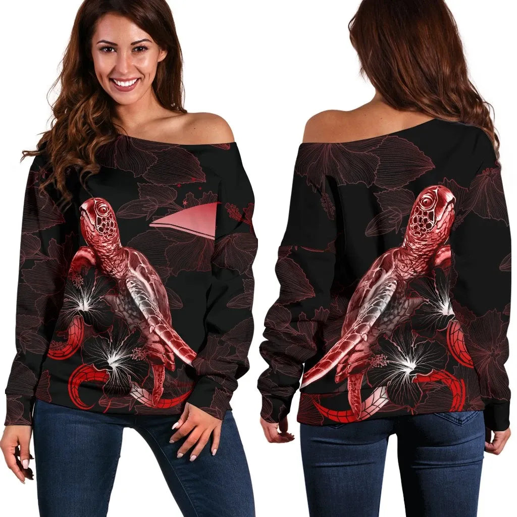 Tokelau Polynesian Women Off Shoulder Sweater - Turtle With Blooming Hibiscus Red