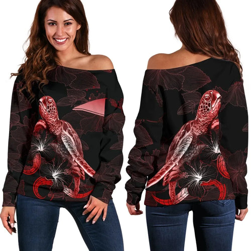 Tokelau Polynesian Women Off Shoulder Sweater - Turtle With Blooming Hibiscus Red
