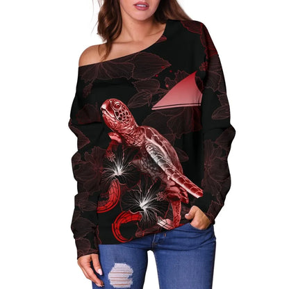 Tokelau Polynesian Women Off Shoulder Sweater - Turtle With Blooming Hibiscus Red
