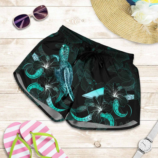 Tokelau Polynesian Women Shorts - Turtle With Blooming Hibiscus Turquoise