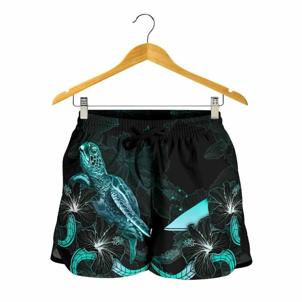 Tokelau Polynesian Women Shorts - Turtle With Blooming Hibiscus Turquoise