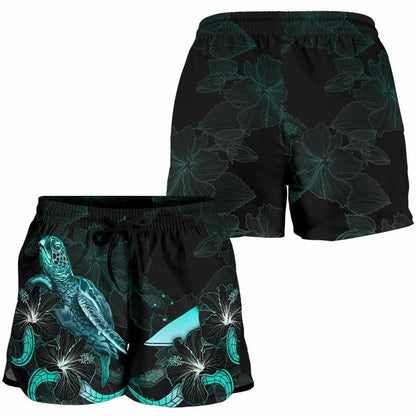 Tokelau Polynesian Women Shorts - Turtle With Blooming Hibiscus Turquoise