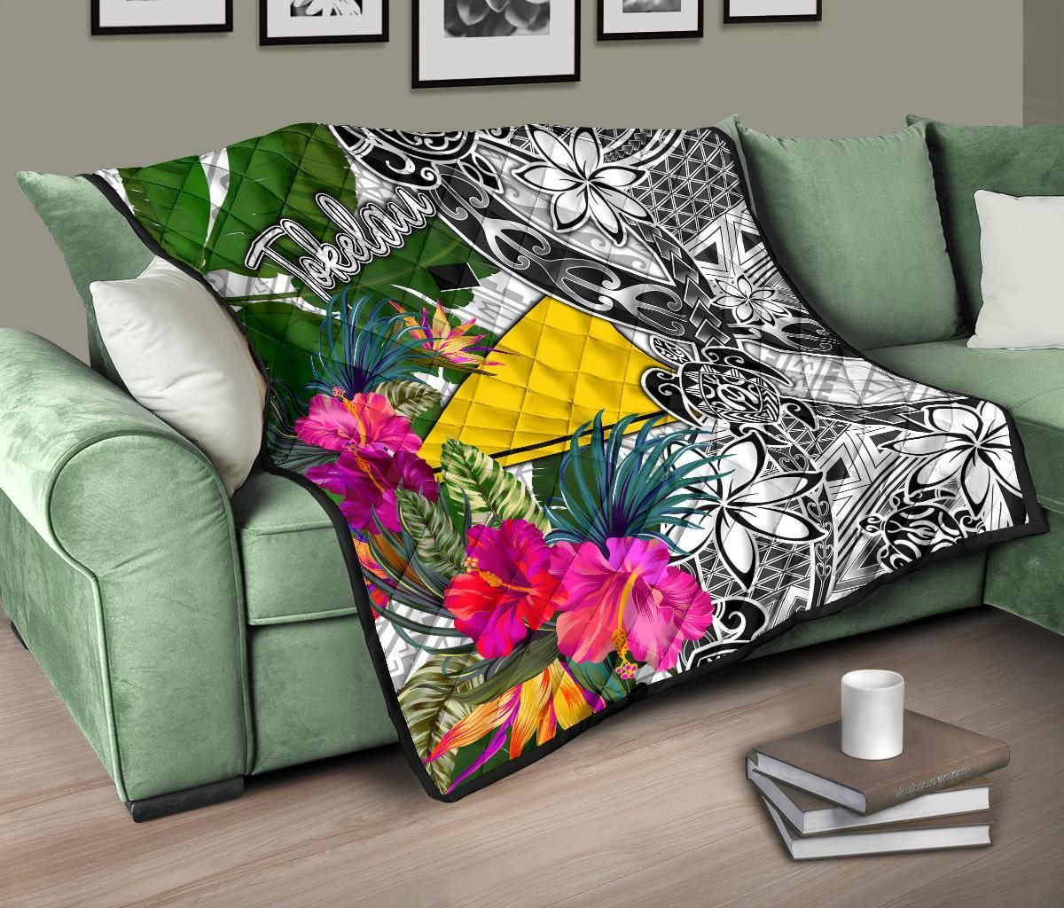 Tokelau Premium Quilt White - Turtle Plumeria Banana Leaf