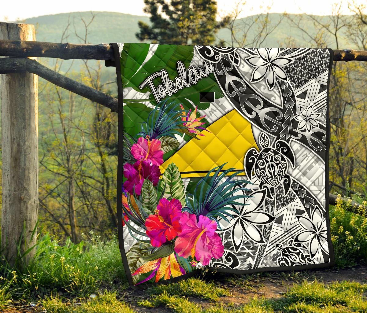 Tokelau Premium Quilt White - Turtle Plumeria Banana Leaf