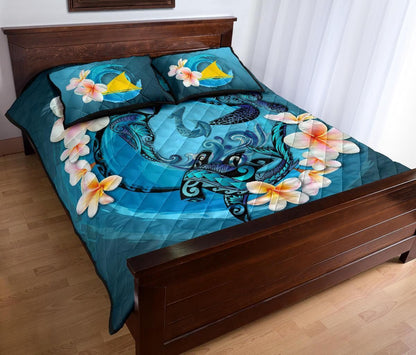Tokelau Polynesian Quilt Bed Set - Blue Plumeria Animal Tattoo