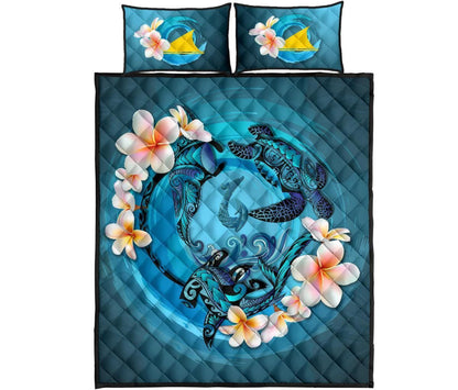 Tokelau Polynesian Quilt Bed Set - Blue Plumeria Animal Tattoo