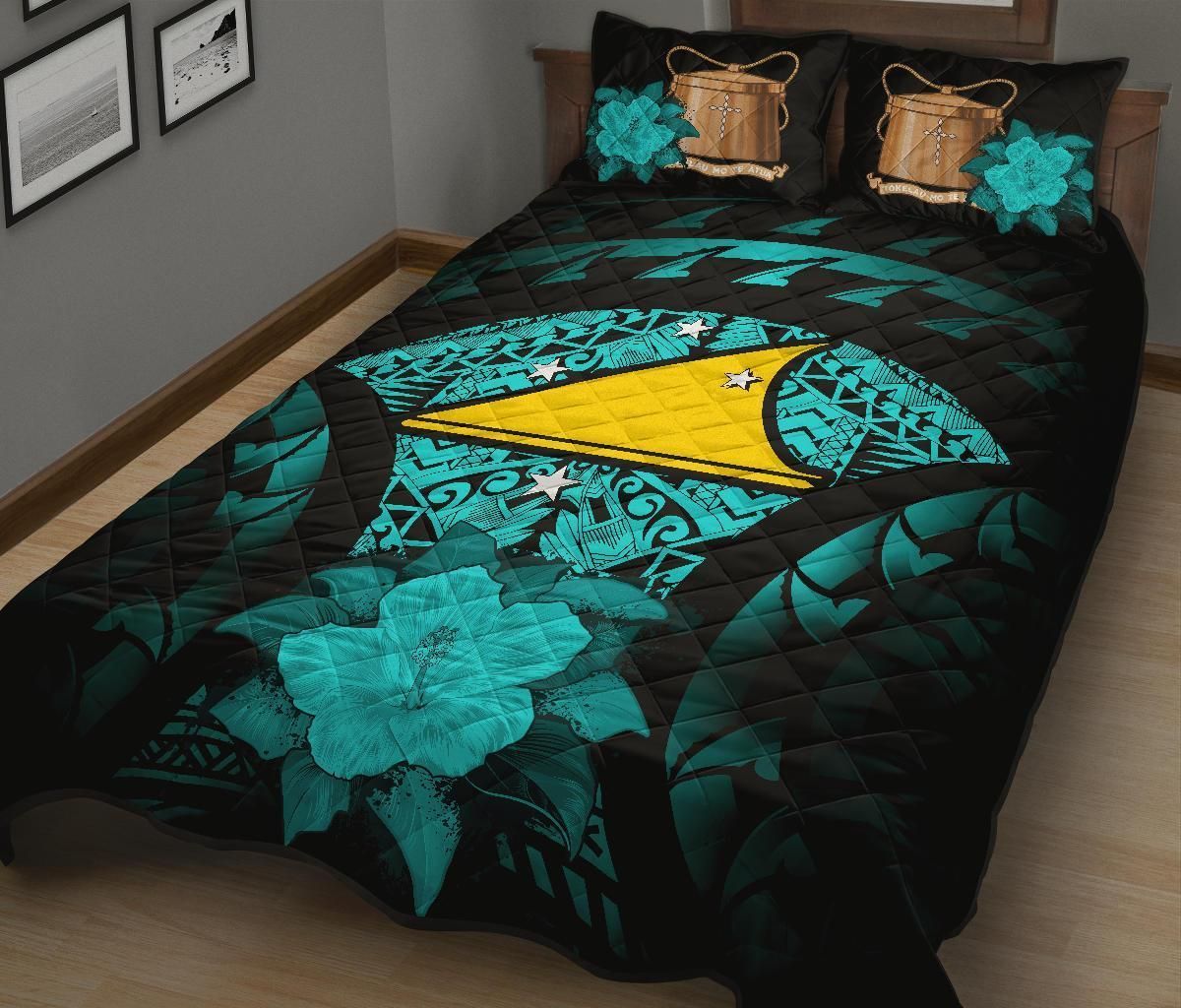 Tokelau Polynesian Quilt Bed Set Hibiscus Turquoise