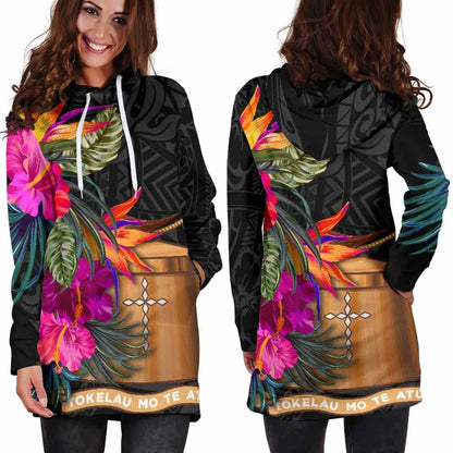 Tokelau Female Hoodie Dress - Polynesian Hibiscus Pattern