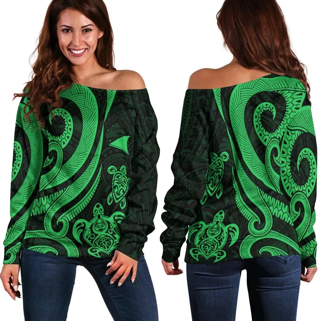 Tokelau Women Off Shoulder Sweater - Green Tentacle Turtle