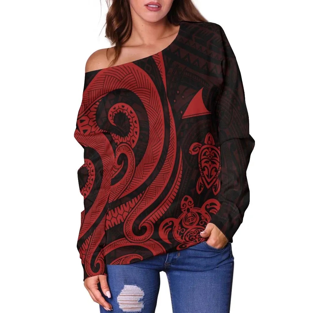 Tokelau Women Off Shoulder Sweater - Red Tentacle Turtle