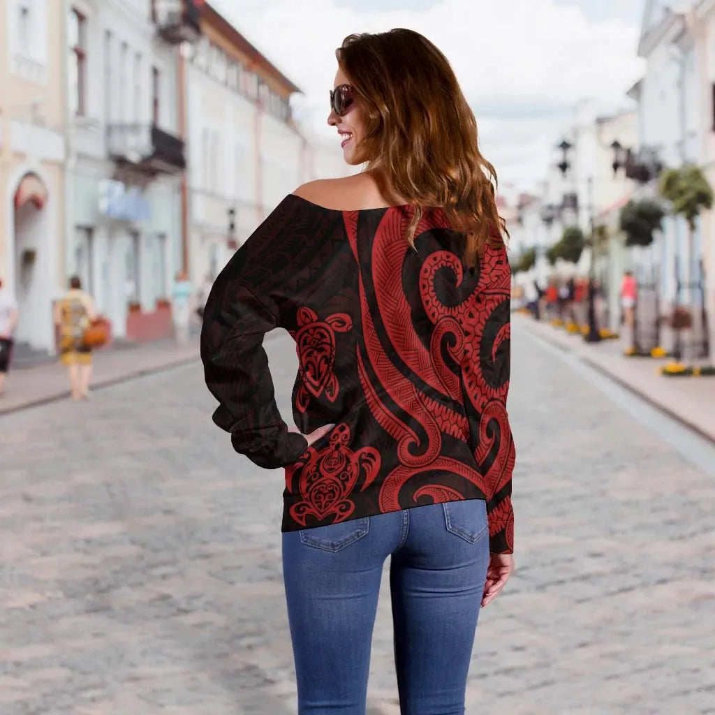 Tokelau Women Off Shoulder Sweater - Red Tentacle Turtle