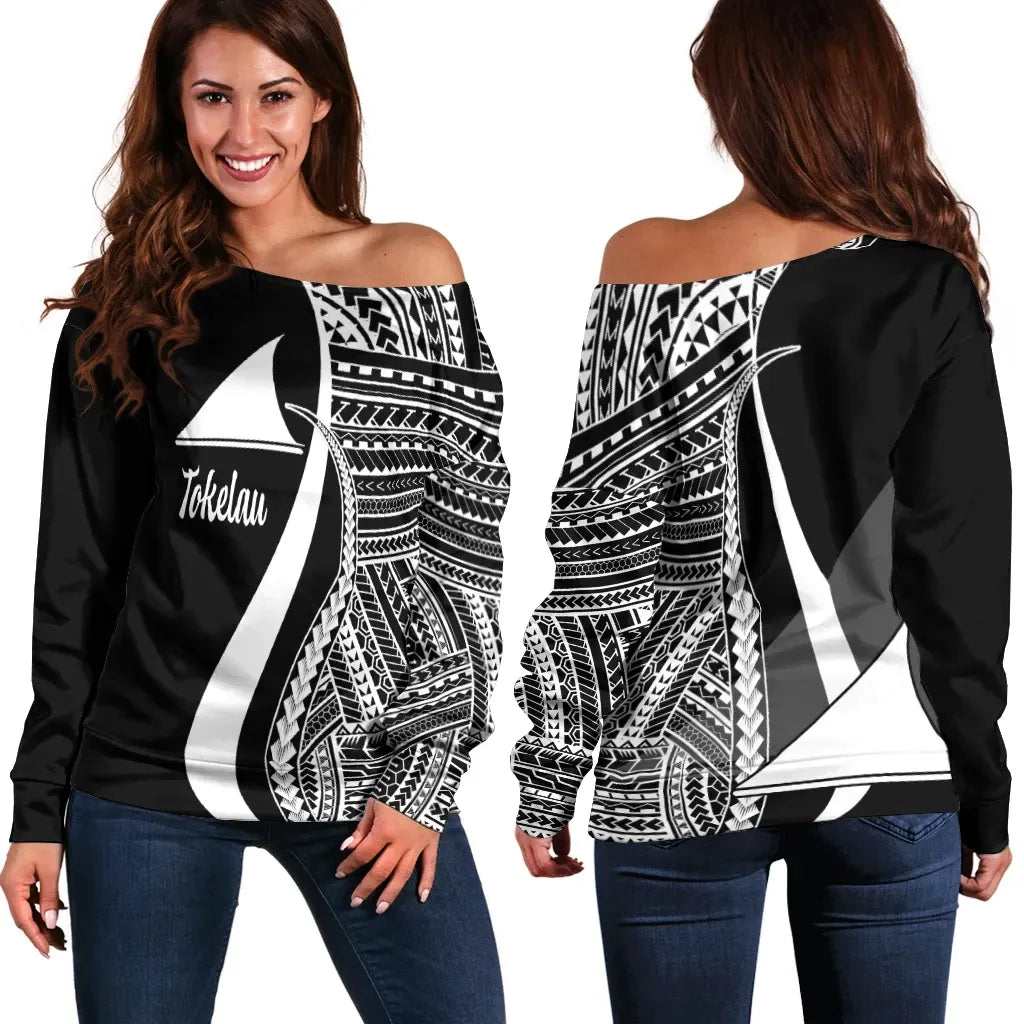 Tokelau Women Off Shoulder Sweater - White Polynesian Tentacle Tribal Pattern