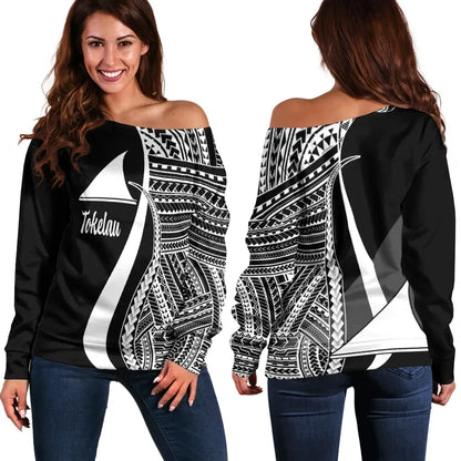 Tokelau Women Off Shoulder Sweater - White Polynesian Tentacle Tribal Pattern