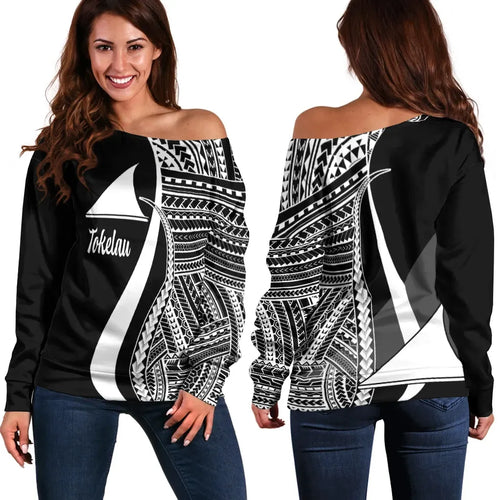 Tokelau Women Off Shoulder Sweater - White Polynesian Tentacle Tribal Pattern