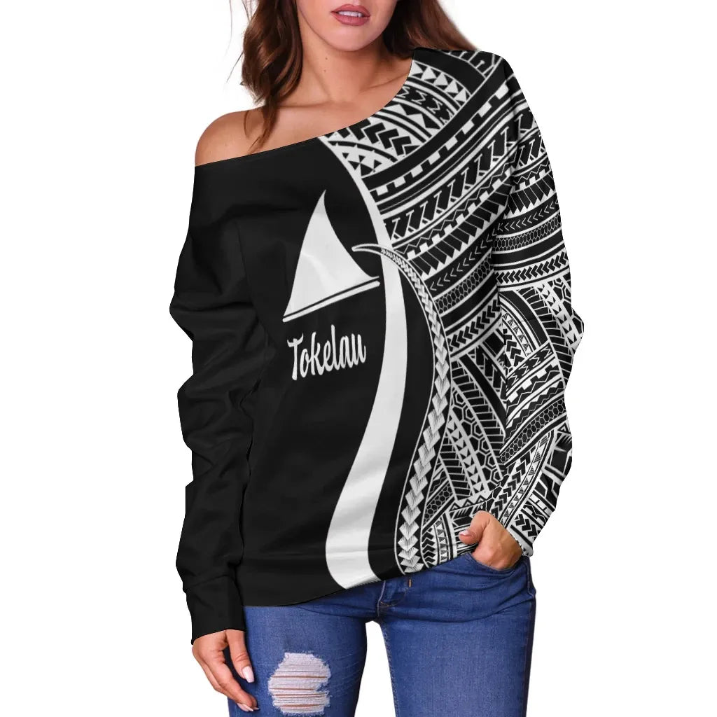 Tokelau Women Off Shoulder Sweater - White Polynesian Tentacle Tribal Pattern